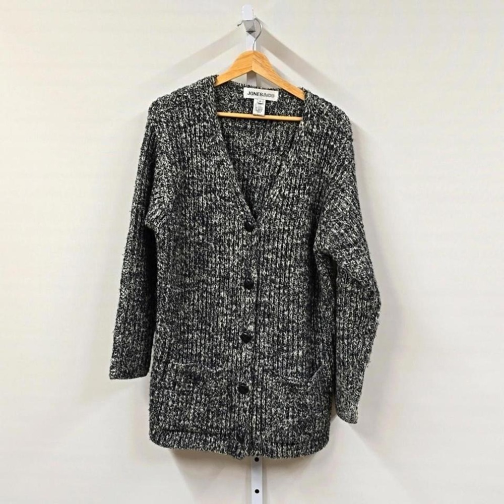 Jones & Co Womens Black White Marled Wool‎ Blend Chunky Knit Cardigan Sweater S